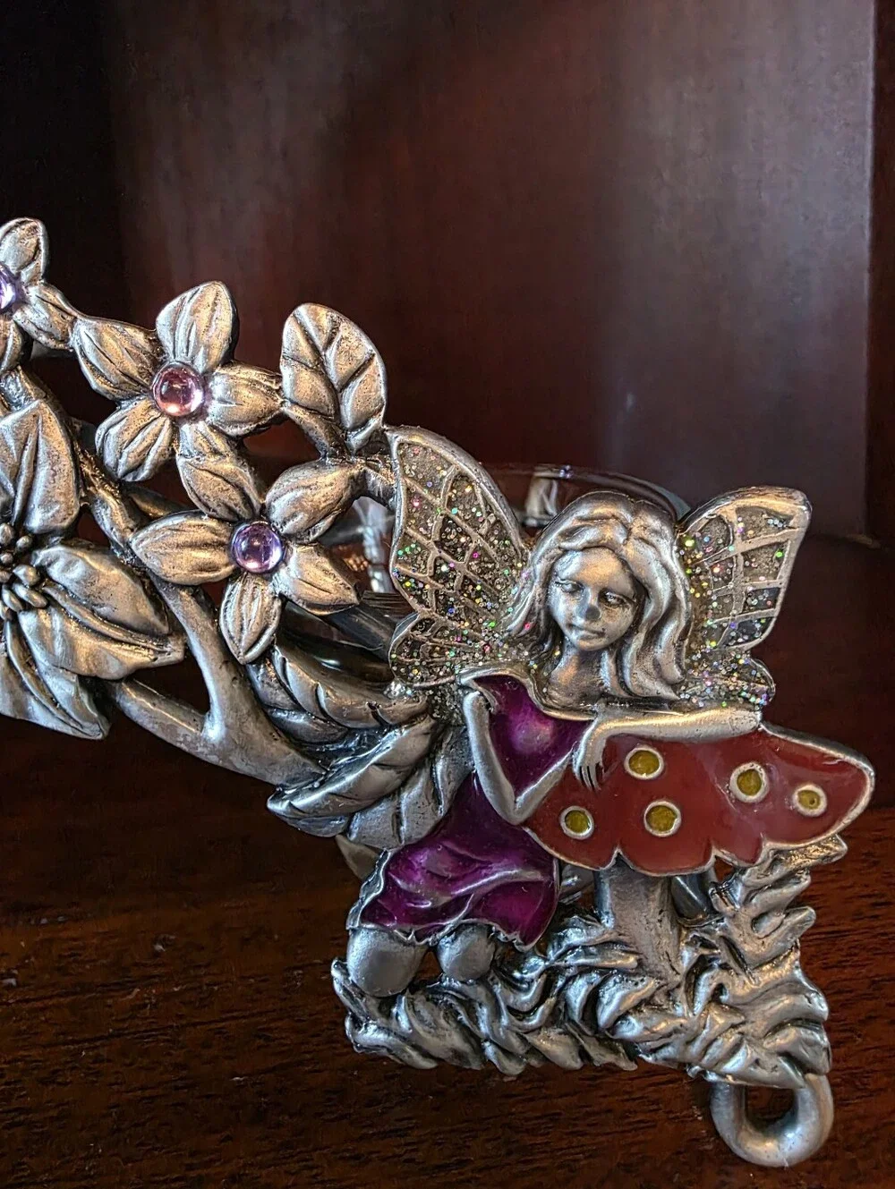 Vintage Westland Fairy Jeweled Pewter Floral Triple Votive Tealight Holder